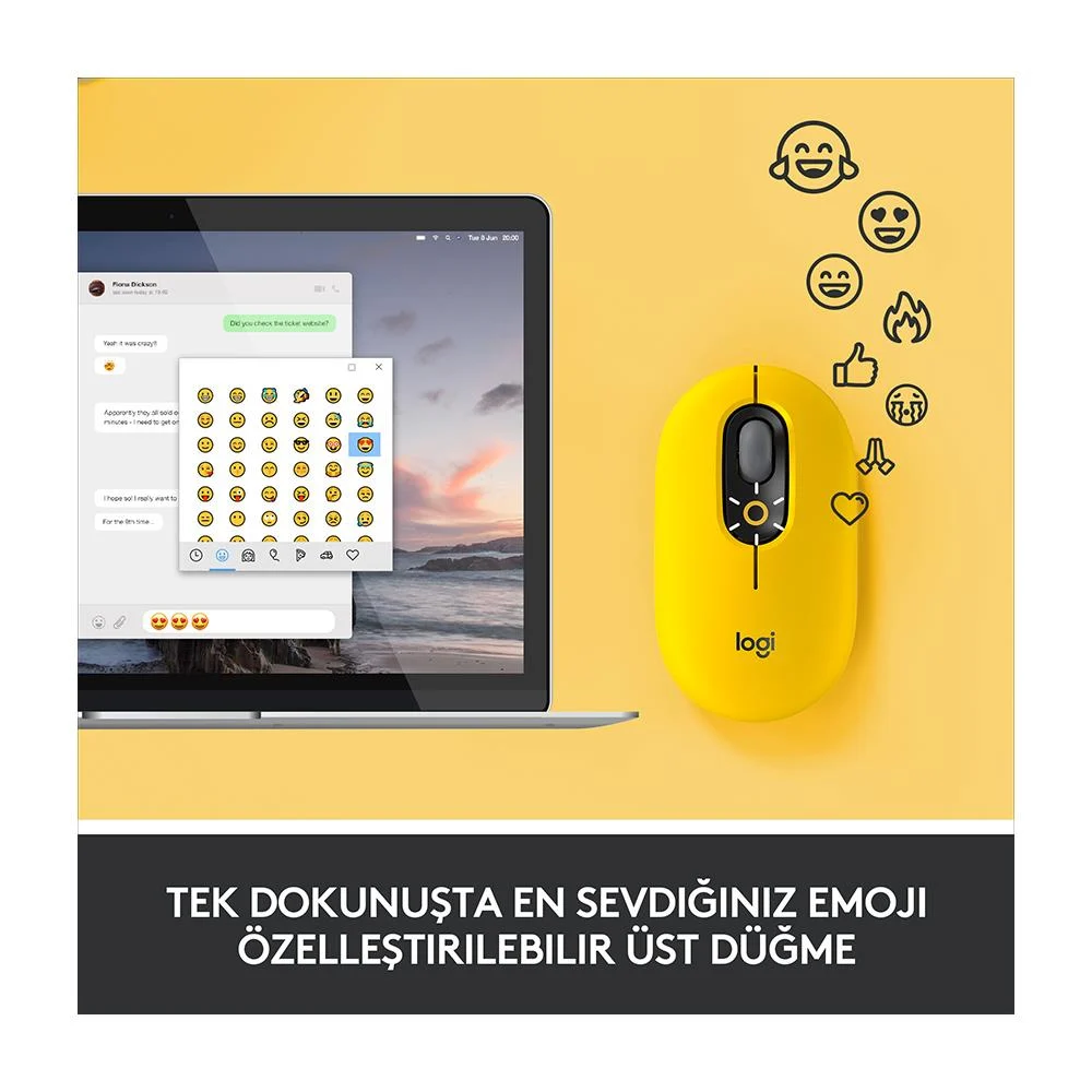  Logitech Pop Blast Emoji Tuşlu Silent Sessiz Kablosuz Mouse  Sarı